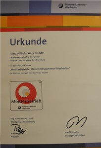 Urkunde mit Meister-Marke für die W. Wisser GmbH